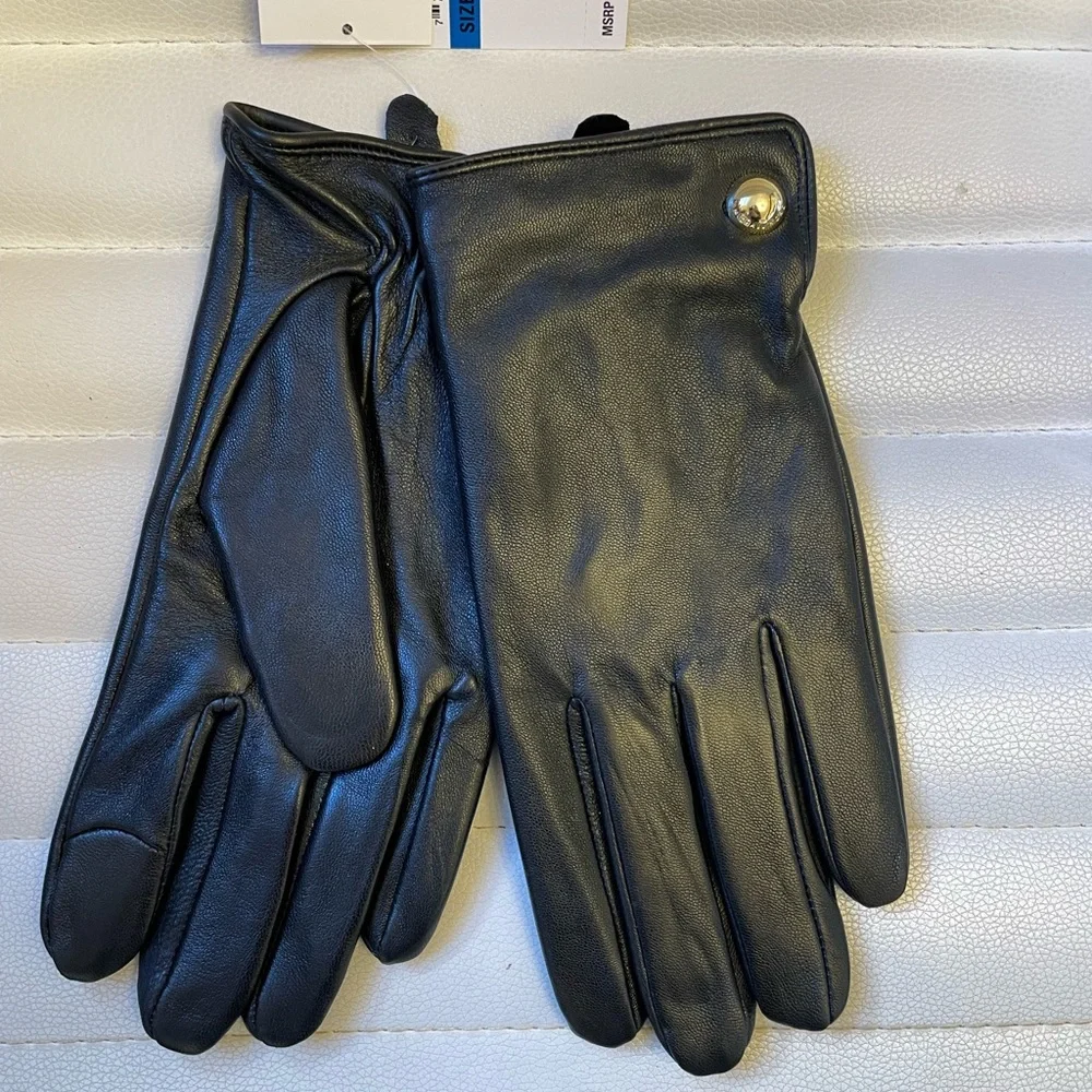 Michael Kors Leather Black Gloves Gold Button Touch Tip Gift Box MSRP $108 NEW